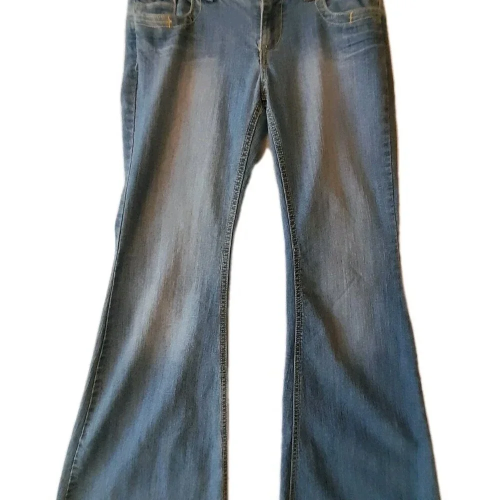 Vtg Y2K Womens Low Rise Retro Flare Embroidered Flap Pocket Sz 9 Jeans